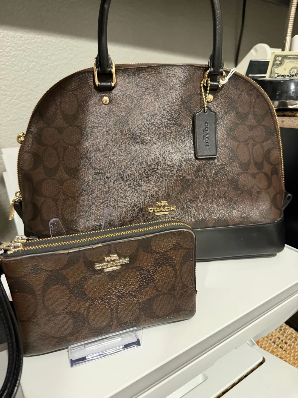 Coach Brown Signature Dome Satchel with Matching Wallet